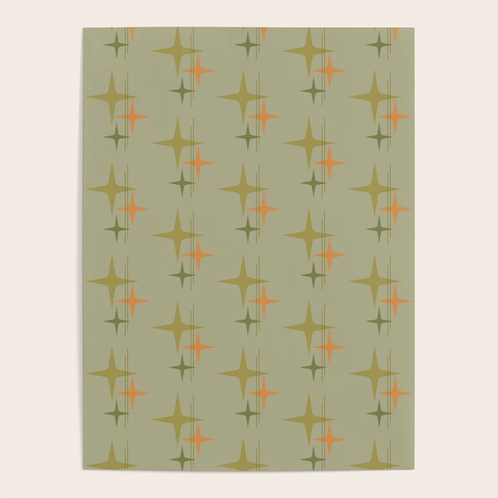Mid Century Modern Atomic Stars and Lines Olive Green and Cantaloupe Orange Pattern Poster Gallery Image 4