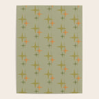 Mid Century Modern Atomic Stars and Lines Olive Green and Cantaloupe Orange Pattern Poster Gallery Image 4