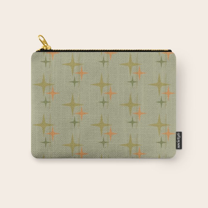 Mid Century Modern Atomic Stars and Lines Olive Green and Cantaloupe Orange Pattern Carry All Pouch Gallery Image 1