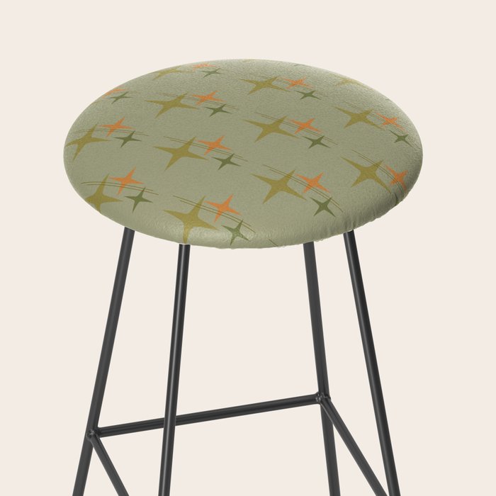 Mid Century Modern Atomic Stars and Lines Olive Green and Cantaloupe Orange Pattern Stool Gallery Image 2