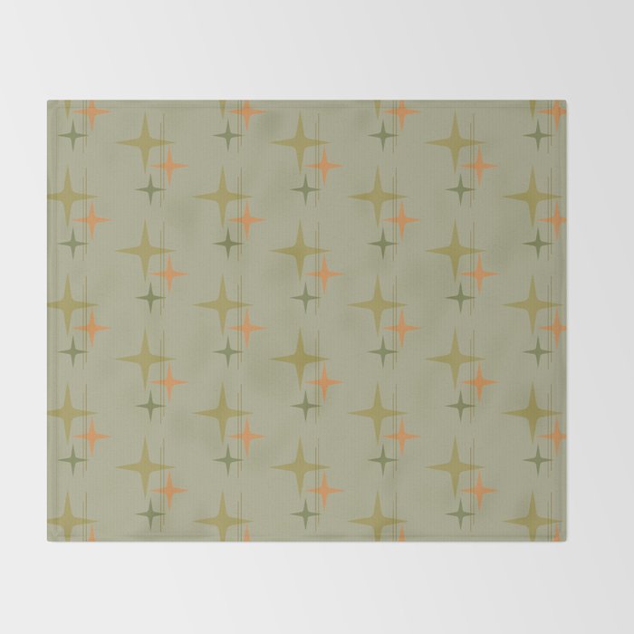 Mid Century Modern Atomic Stars and Lines Olive Green and Cantaloupe Orange Pattern Throw Blanket Gallery Image 2