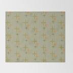 Mid Century Modern Atomic Stars and Lines Olive Green and Cantaloupe Orange Pattern Throw Blanket Gallery Image 2