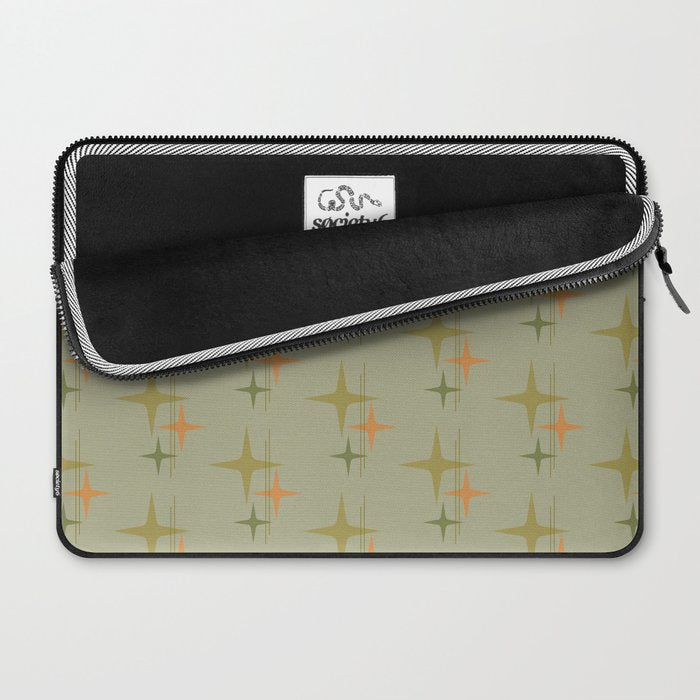 Mid Century Modern Atomic Stars and Lines Olive Green and Cantaloupe Orange Pattern Laptop Sleeve Gallery Image 2