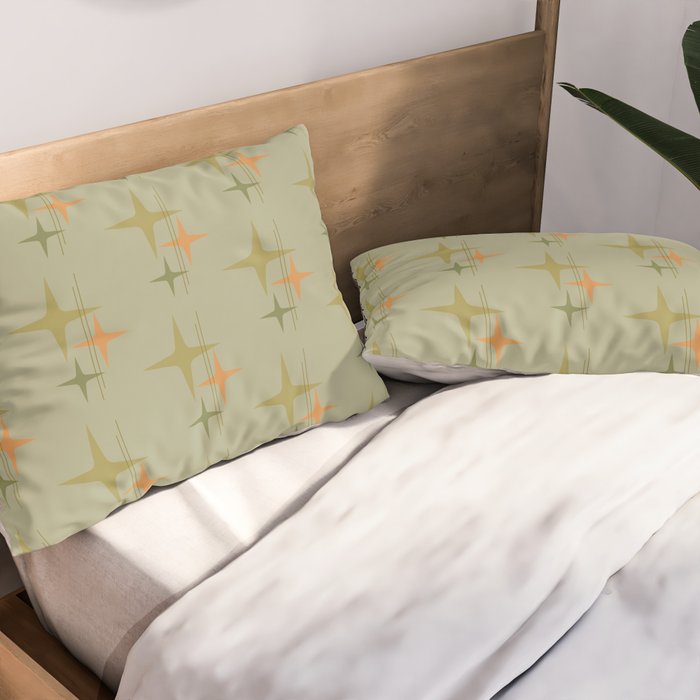Mid Century Modern Atomic Stars and Lines Olive Green and Cantaloupe Orange Pattern Pillow Sham Gallery Image 2