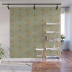 Mid Century Modern Atomic Stars and Lines Olive Green and Cantaloupe Orange Pattern Wall Mural Gallery Image 1