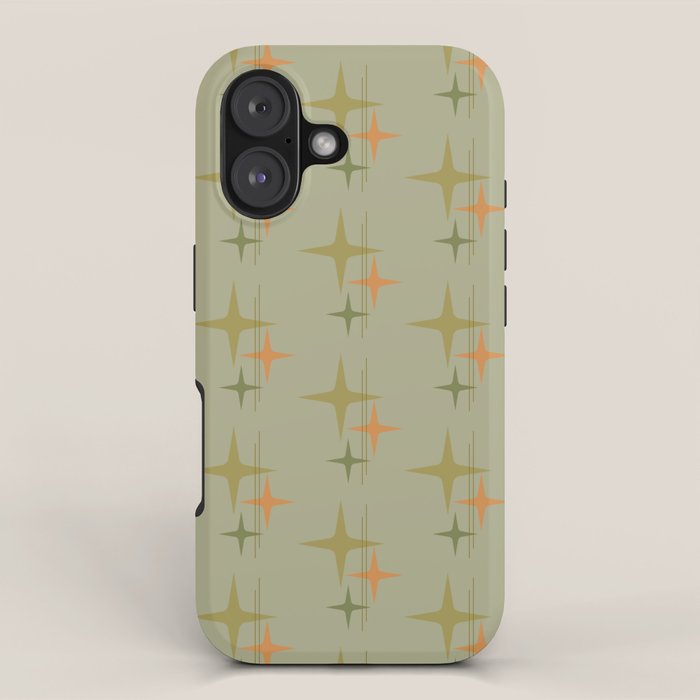 Mid Century Modern Atomic Stars and Lines Olive Green and Cantaloupe Orange Pattern iPhone Case Gallery Image 1