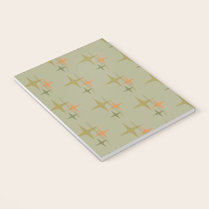 Mid Century Modern Atomic Stars and Lines Olive Green and Cantaloupe Orange Pattern Notebook Gallery Image 3