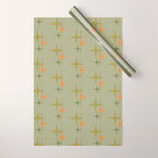 Mid Century Modern Atomic Stars and Lines Olive Green and Cantaloupe Orange Pattern Wrapping Paper Gallery Image 1