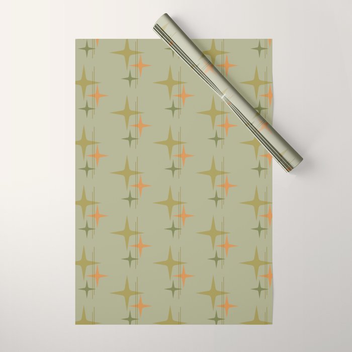 Mid Century Modern Atomic Stars and Lines Olive Green and Cantaloupe Orange Pattern Wrapping Paper Gallery Image 1