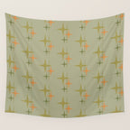 Mid Century Modern Atomic Stars and Lines Olive Green and Cantaloupe Orange Pattern Wall Tapestry Gallery Image 4