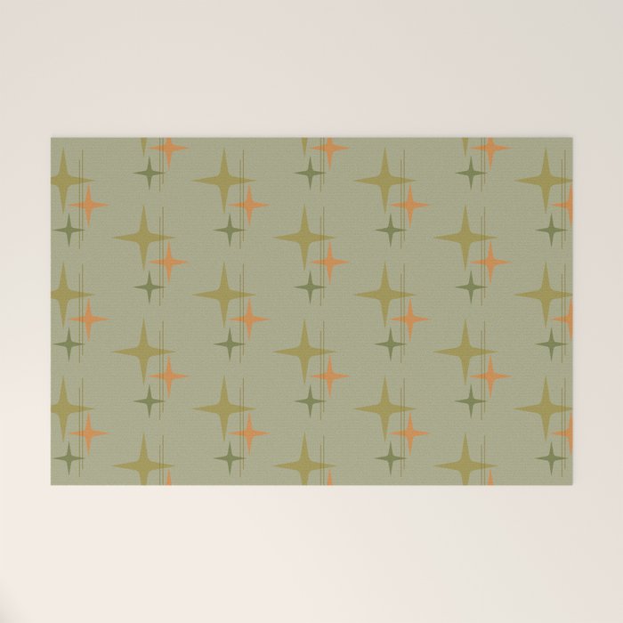 Mid Century Modern Atomic Stars and Lines Olive Green and Cantaloupe Orange Pattern Welcome Mat Gallery Image 1