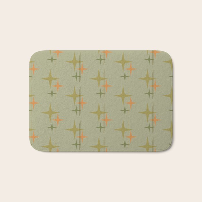 Mid Century Modern Atomic Stars and Lines Olive Green and Cantaloupe Orange Pattern Bath Mat Gallery Image 1