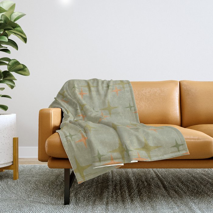 Mid Century Modern Atomic Stars and Lines Olive Green and Cantaloupe Orange Pattern Throw Blanket Gallery Image 1