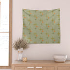 Mid Century Modern Atomic Stars and Lines Olive Green and Cantaloupe Orange Pattern Wall Tapestry Gallery Image 2