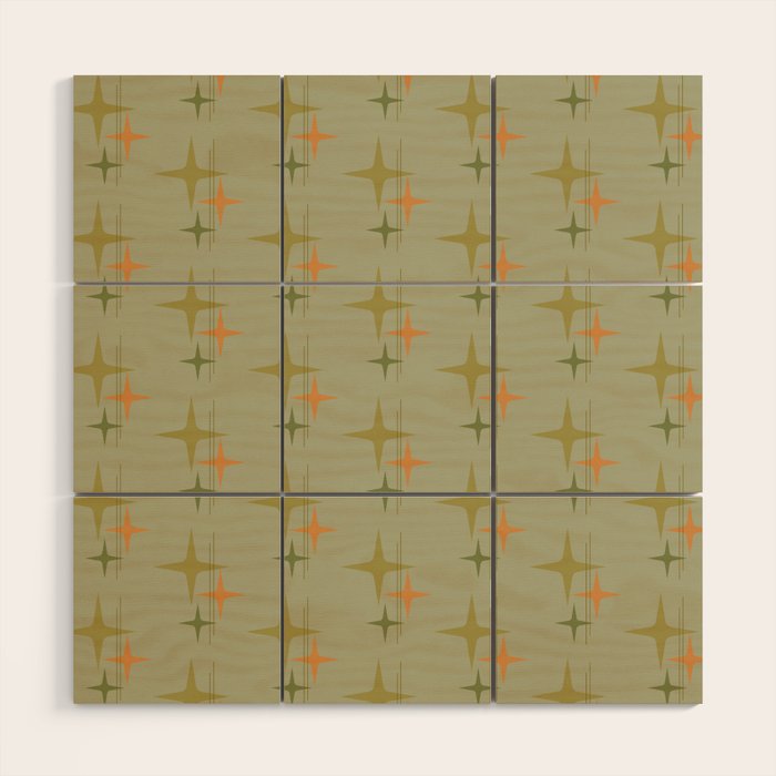 Mid Century Modern Atomic Stars and Lines Olive Green and Cantaloupe Orange Pattern Wood Wall Art Gallery Image 1