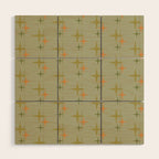 Mid Century Modern Atomic Stars and Lines Olive Green and Cantaloupe Orange Pattern Wood Wall Art Gallery Image 1