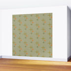 Mid Century Modern Atomic Stars and Lines Olive Green and Cantaloupe Orange Pattern Wall Mural Gallery Image 2
