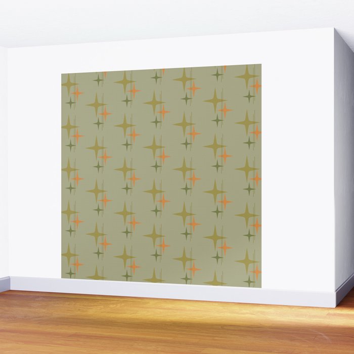 Mid Century Modern Atomic Stars and Lines Olive Green and Cantaloupe Orange Pattern Wall Mural Gallery Image 2