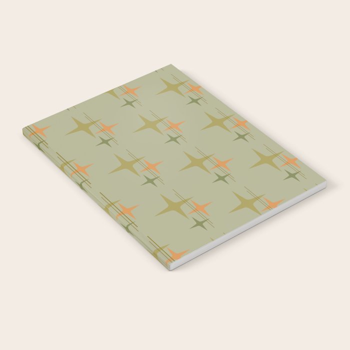Mid Century Modern Atomic Stars and Lines Olive Green and Cantaloupe Orange Pattern Notebook Gallery Image 2