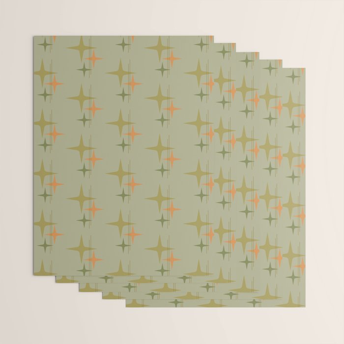 Mid Century Modern Atomic Stars and Lines Olive Green and Cantaloupe Orange Pattern Wrapping Paper Gallery Image 3