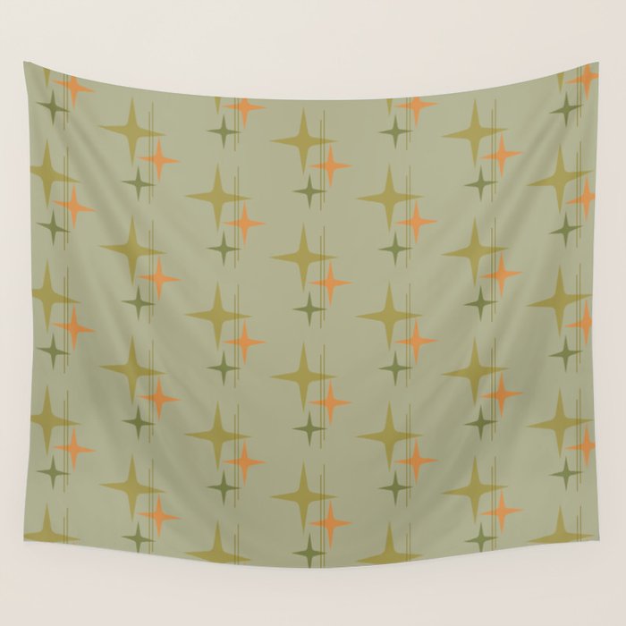 Mid Century Modern Atomic Stars and Lines Olive Green and Cantaloupe Orange Pattern Wall Tapestry Gallery Image 1
