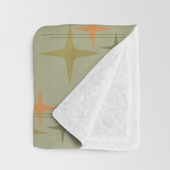 Mid Century Modern Atomic Stars and Lines Olive Green and Cantaloupe Orange Pattern Throw Blanket Gallery Image 3