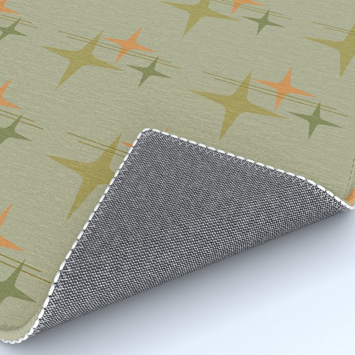 Mid Century Modern Atomic Stars and Lines Olive Green and Cantaloupe Orange Pattern Rug Gallery Image 4