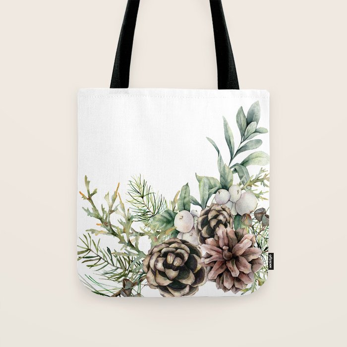 Christmas Pine Bouquet, Watercolor Floral Prints Tote Bag Gallery Image 1