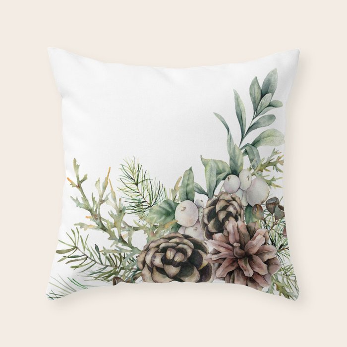 Christmas Pine Bouquet, Watercolor Floral Prints Throw Pillow Gallery Image 6