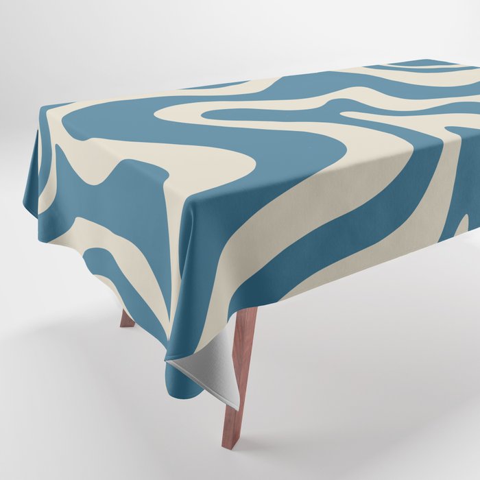 Retro Liquid Swirl Abstract Pattern in Beige and Boho Blue Tablecloth Gallery Image 1