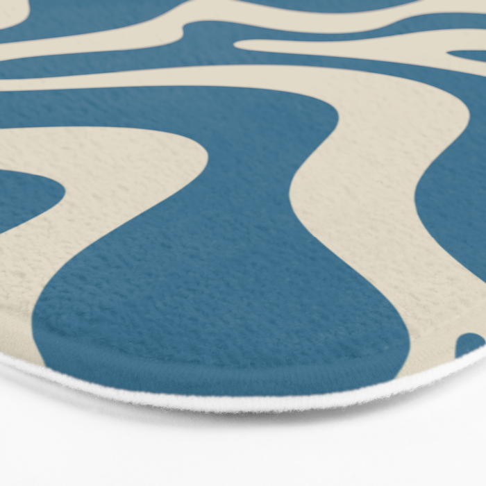 Retro Liquid Swirl Abstract Pattern in Beige and Boho Blue Bath Mat Gallery Image 3