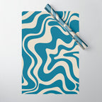 Retro Liquid Swirl Abstract Pattern in Beige and Boho Blue Wrapping Paper Gallery Image 1