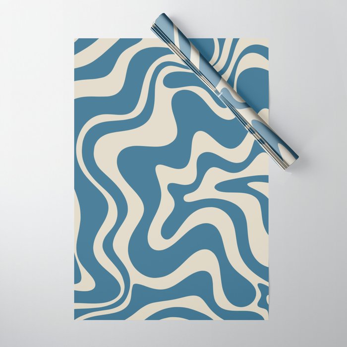 Retro Liquid Swirl Abstract Pattern in Beige and Boho Blue Wrapping Paper Gallery Image 1