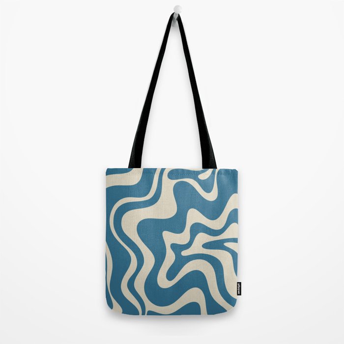 Retro Liquid Swirl Abstract Pattern in Beige and Boho Blue Tote Bag Gallery Image 2