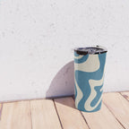 Retro Liquid Swirl Abstract Pattern in Beige and Boho Blue Travel Mug Gallery Image 4