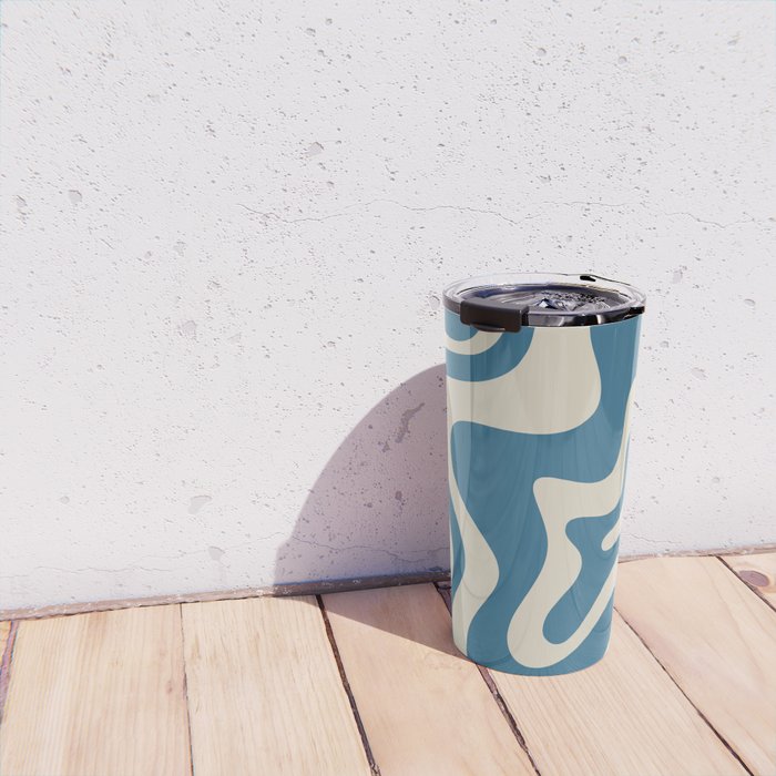 Retro Liquid Swirl Abstract Pattern in Beige and Boho Blue Travel Mug Gallery Image 4
