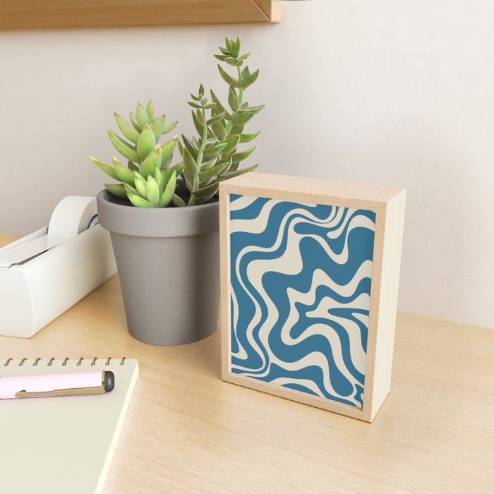 Retro Liquid Swirl Abstract Pattern in Beige and Boho Blue Mini Art Print Gallery Image 2