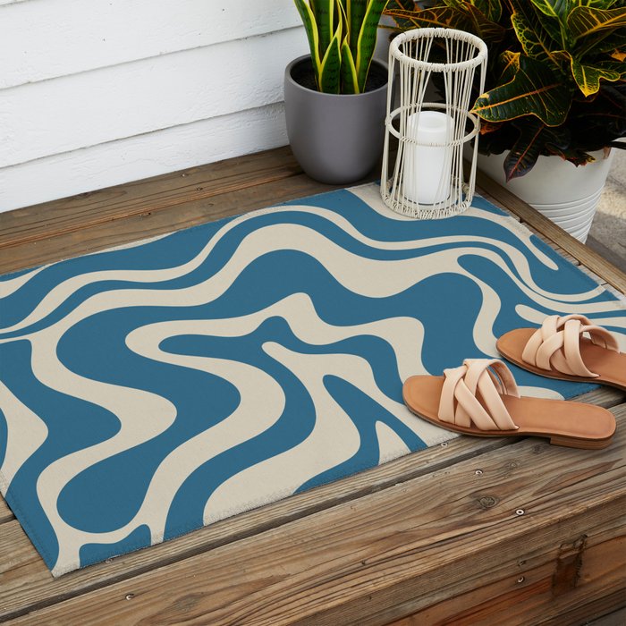 Retro Liquid Swirl Abstract Pattern in Beige and Boho Blue Outdoor Rug Gallery Image 2