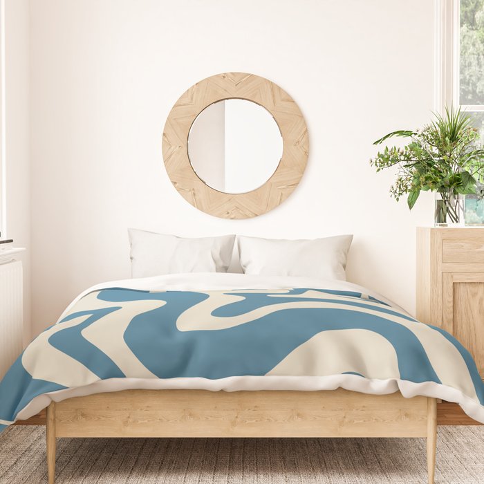 Retro Liquid Swirl Abstract Pattern in Beige and Boho Blue Duvet Cover Gallery Image 3