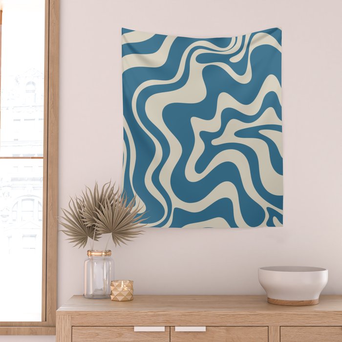 Retro Liquid Swirl Abstract Pattern in Beige and Boho Blue Wall Tapestry Gallery Image 2