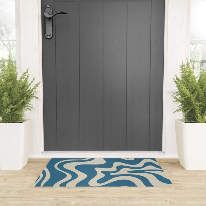Retro Liquid Swirl Abstract Pattern in Beige and Boho Blue Welcome Mat Gallery Image 3