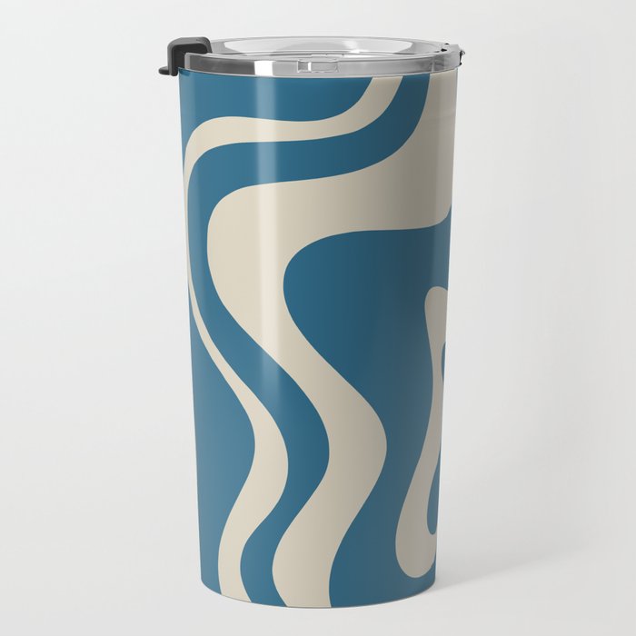 Retro Liquid Swirl Abstract Pattern in Beige and Boho Blue Travel Mug Gallery Image 3