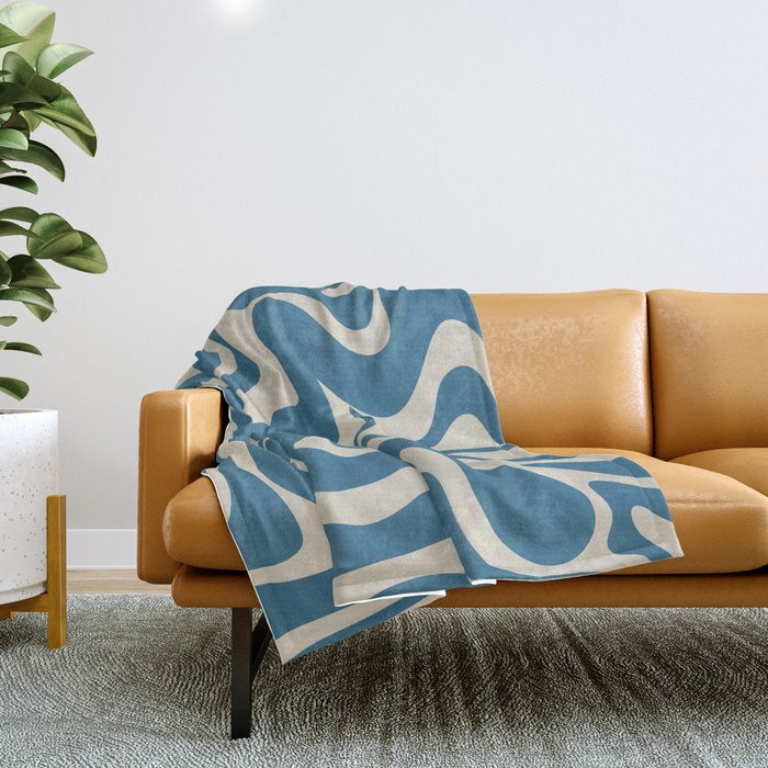 Retro Liquid Swirl Abstract Pattern in Beige and Boho Blue Throw Blanket Gallery Image 1