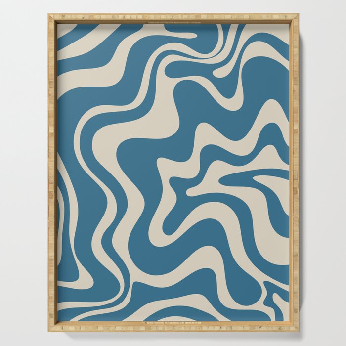 Retro Liquid Swirl Abstract Pattern in Beige and Boho Blue Serving Tray Gallery Image 1