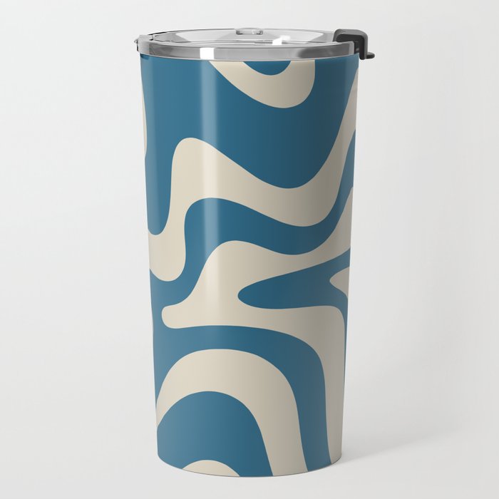 Retro Liquid Swirl Abstract Pattern in Beige and Boho Blue Travel Mug Gallery Image 2