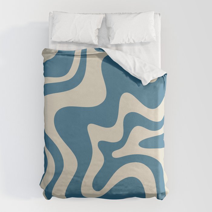 Retro Liquid Swirl Abstract Pattern in Beige and Boho Blue Duvet Cover Gallery Image 1