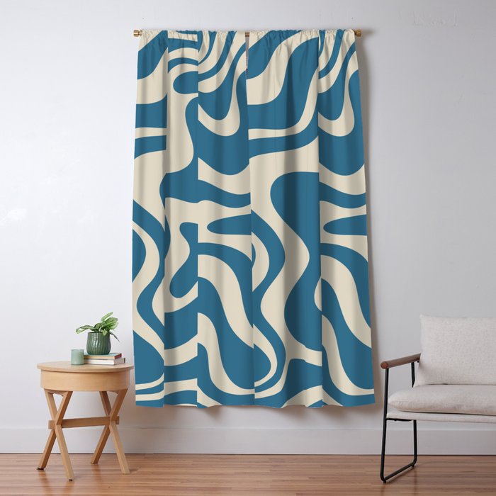 Retro Liquid Swirl Abstract Pattern in Beige and Boho Blue Window Curtain Gallery Image 5