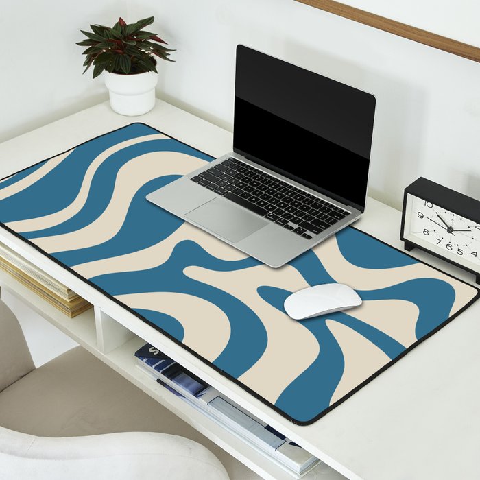 Retro Liquid Swirl Abstract Pattern in Beige and Boho Blue Desk Mat Gallery Image 2