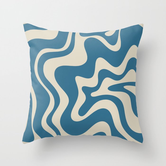 Retro Liquid Swirl Abstract Pattern in Beige and Boho Blue Throw Pillow Gallery Image 1