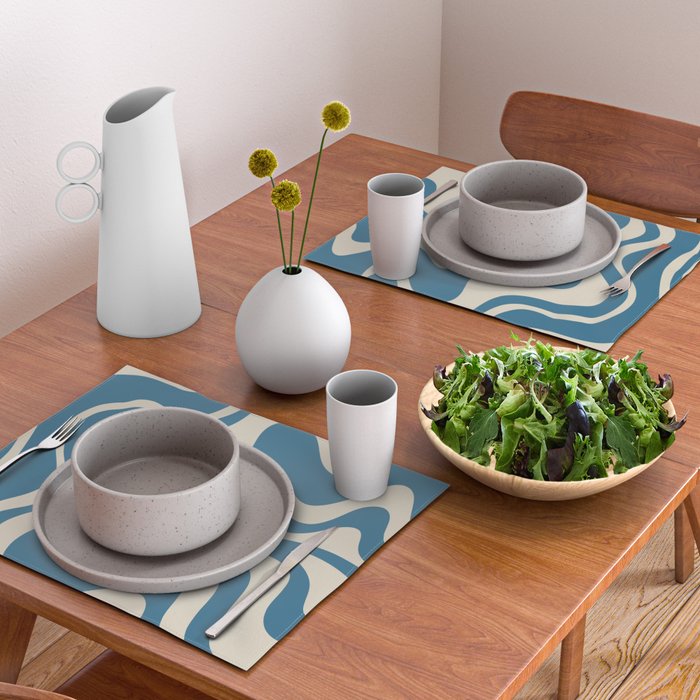 Retro Liquid Swirl Abstract Pattern in Beige and Boho Blue Placemat Gallery Image 2